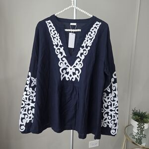 NWT Lascana Navy Blue Embroidered Women's Top Sz.14